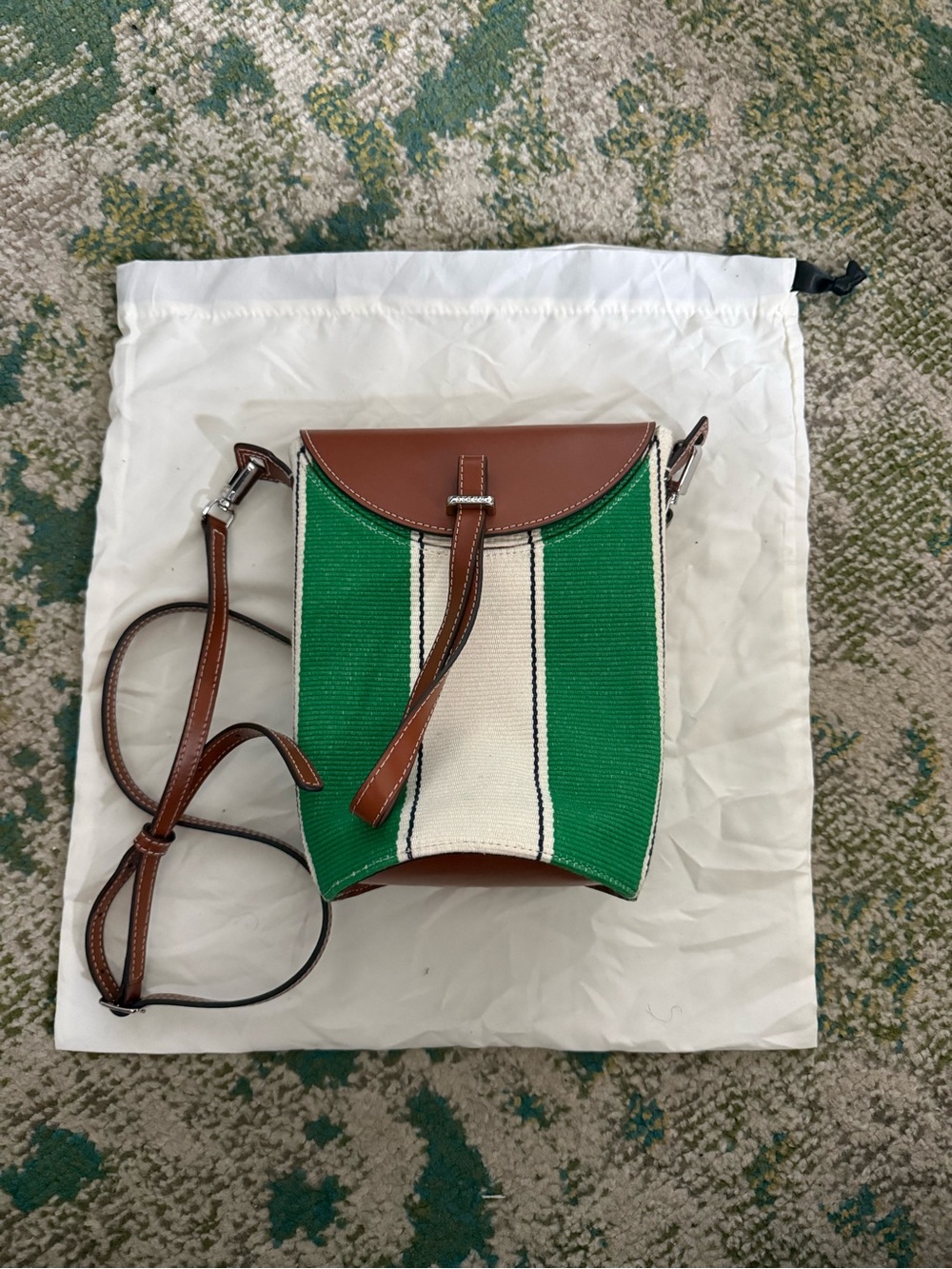 Staud Green & White Phoebe Convertible Bucket Bag